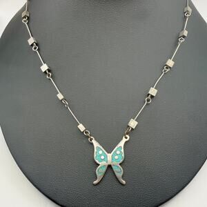 Alpaca Silver Turquoise Butterfly Pendant Necklace Bar Link Chain Southwest 17"